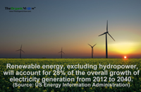 Renewable energy, excluding hydropower, will account for 28% of the overall growth of electricity